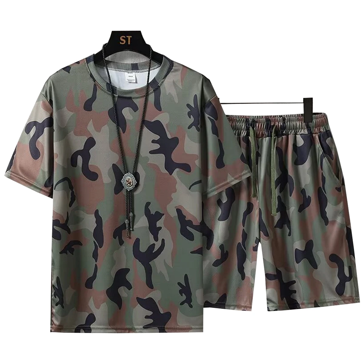 Men's Short Sleeved T-shirt Casual Shorts Set Round Neck Camouflage Pattern Spring Summer Sports Young Student Clothing