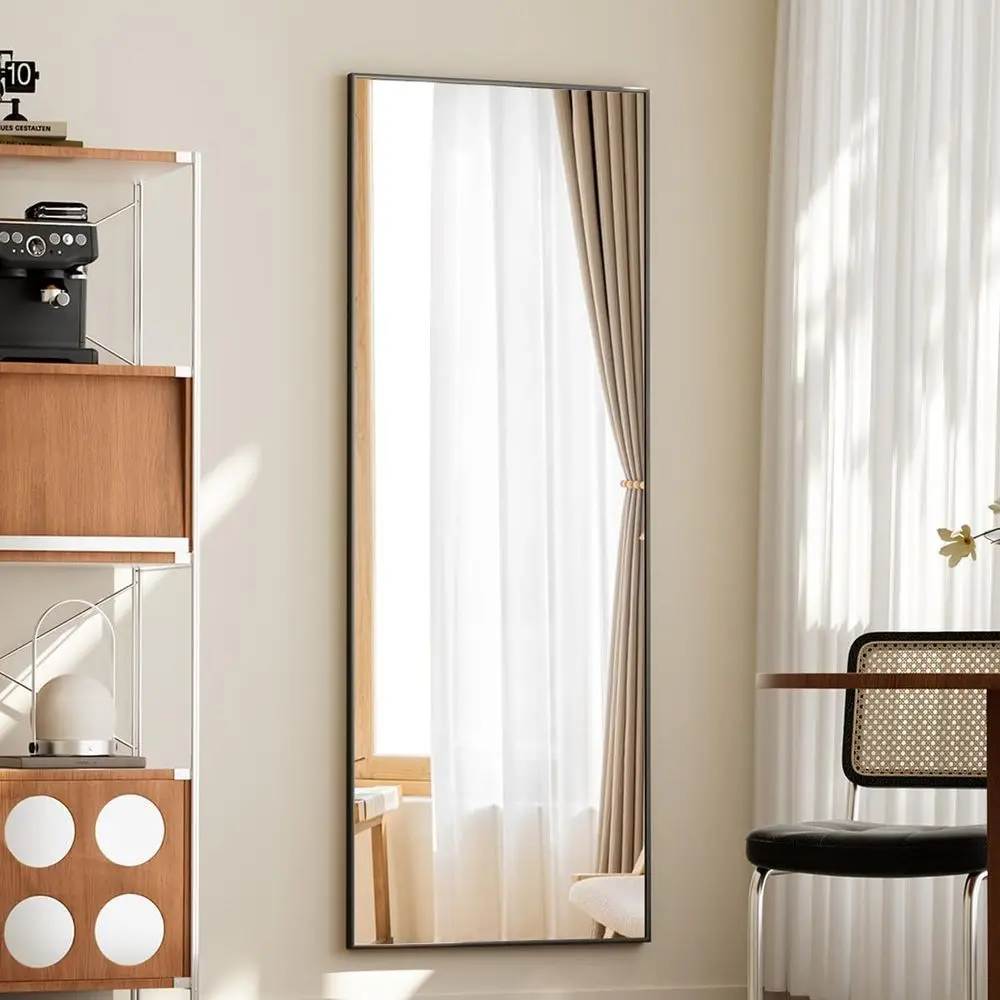 مرآة أرضية طويلة 56 × 21 بإطار من الألومنيوم، مقاومة للكسر، قائمة بذاتها أو مثبتة على الحائط، مثالية لغرفة المعيشة باللون الأسود #3