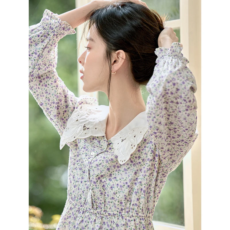 INMAN Women Dress 2023 Spring Long Sleeve Lace Chelsea Collar Elastic Waist A-shaped Full Floral Print Pure Cotton Elegant Skirt