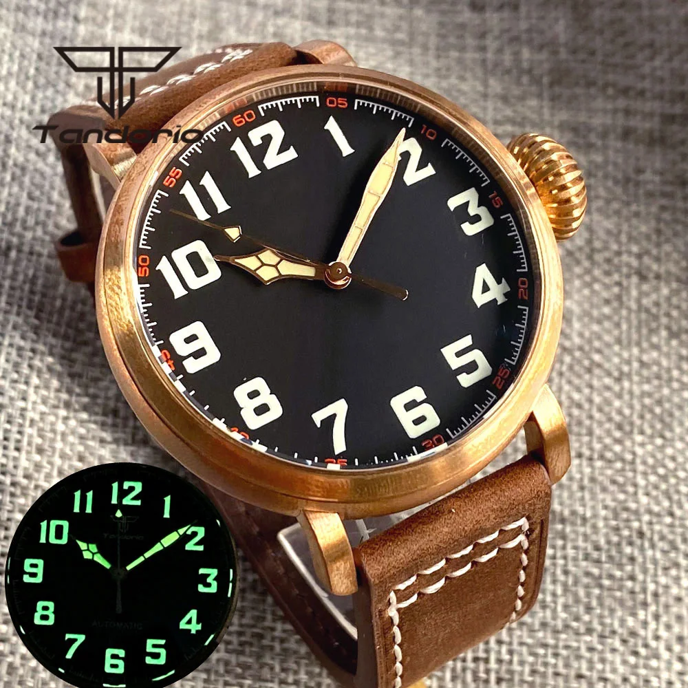 Tandorio Real CUSN8 Solid Bronze 46.5mm NH35A PT5000 Automatic Watch for Men Sapphire Glass Black Dial Leather Strap Screw Crown