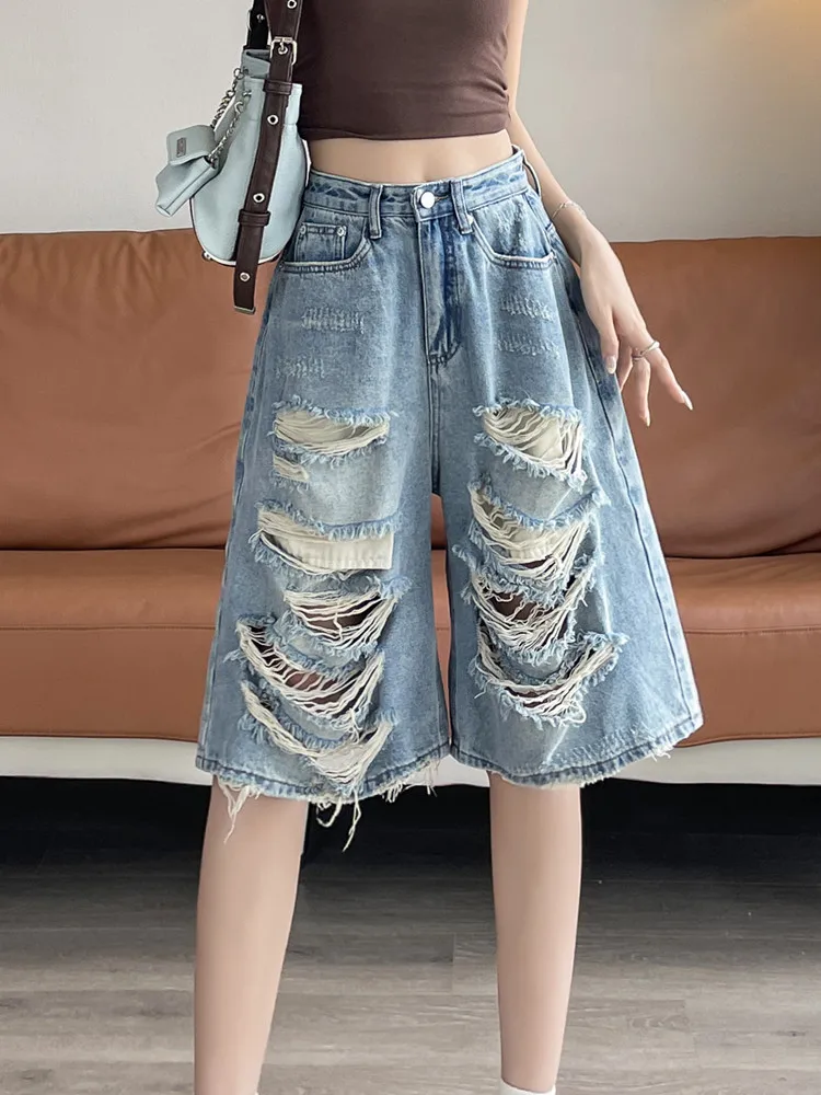 Casual Loose Ripped Hole Denim Knee Length Shorts For Women Y2K Streetwear New Summer High Waisted Wide Leg Jeans Shorts Female