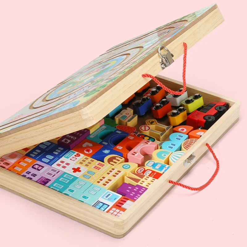 Diy Peuterspeelgoed Treinspoor Montage Magneten Bouwstenen Set Puzzel Houten Montessori Constructor Bordspellen Diorama Cadeau