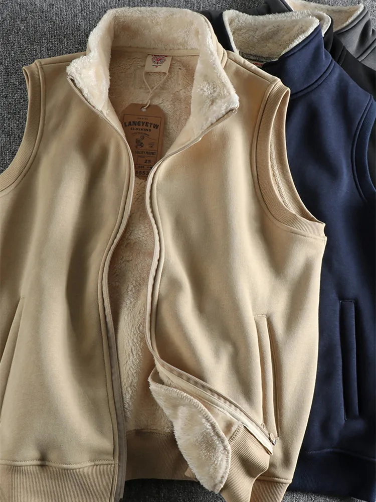 963# Winter New American Retro Sleeveless Stand Collar Thickened Lambs Velvet Vest Men\'s Fashion Simple Warm Casual Waistcoat