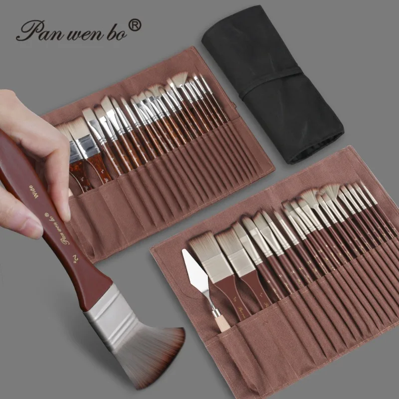 Paint Brush Set 22Pcs Vintage Wooden Nylon Brushes with Canvas Bag Color Box for Oil Watercolor Acrylic Painting Art Supplies