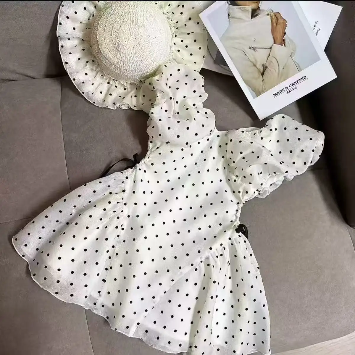 Girls' Summer Princess Skirt 2026 New Children's Fashion White Polka Dot Dress Comes with Sunscreen Hat