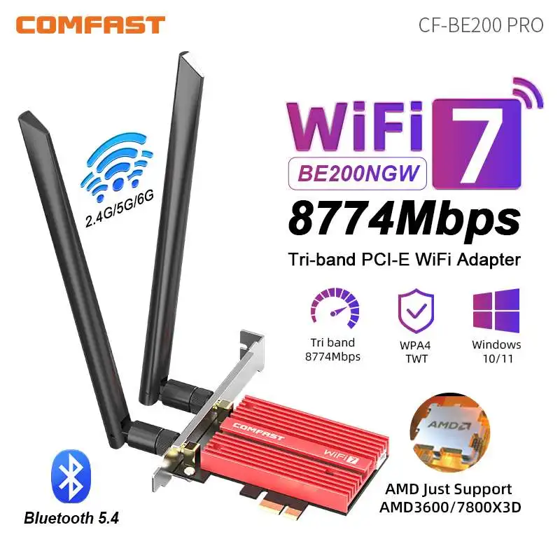 COMFAST 8774Mbps PCI-E Wireless Adapter WiFi 7 Intel BE200 WiFi Card 2.4G/5G/6GHz Tri Band Network Adapter BT5.4 Win10/11 Linux