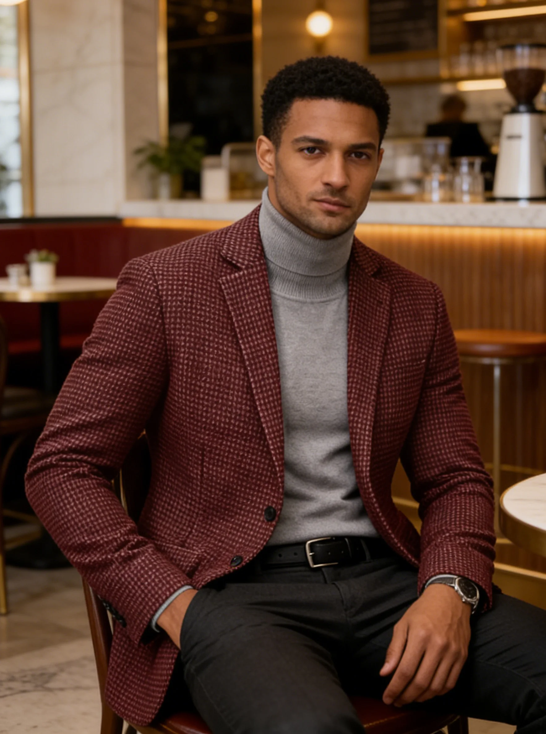 Men's Vintage Houndstooth Tweed Blazer Burgundy Slim Fit Notch Lapel Patch Pocket Fashion Two Buttons Business Casual Jacket image 4