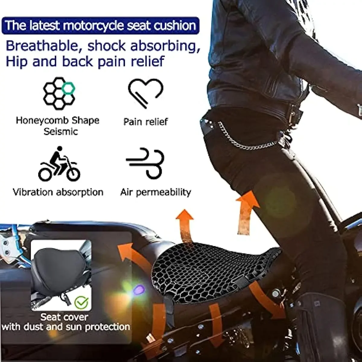 Universal Motorcycle Seat Cushion Newest Jelly Gel Material 3D Honeycomb Shock Absorbing Pressure Relief  with Cover