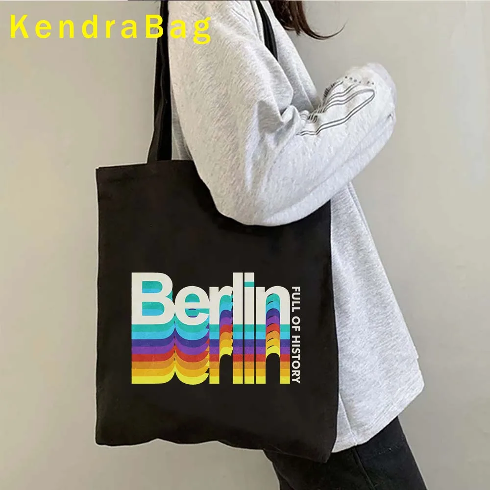 Retro Rainbow Letter Print BERLIN Bern LONDON NEW YORK NEVER SLEEPS Ottawa PARIS Vienna Canvas Totes Bag Cotton Shopper Handbags