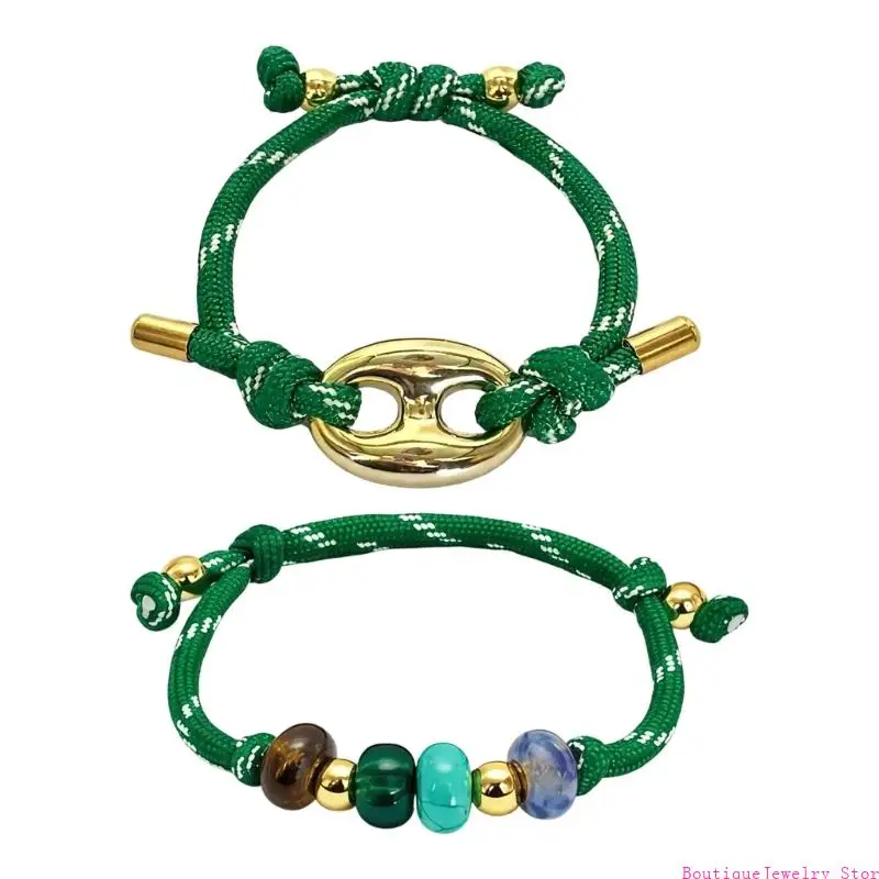E1PE Pack Of 2 Stylish Two Tone Pig Nose Bracelets For Women Trendy Adjustable Rope Handmade Jewelry Fashion Accessories