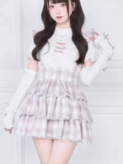 

Japanese Lolita Mine Series Sets Mass-Produced Subculture Ruffled Puff Sleeve Hollow Top Cross High-Waist Slim Mini Skirt Women