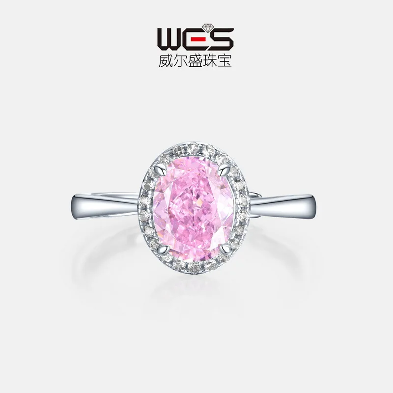 18K gold inlaid with colored baby stones high carbon diamond egg-shaped pink diamond PT950 white gold ring aquamarine girl ring