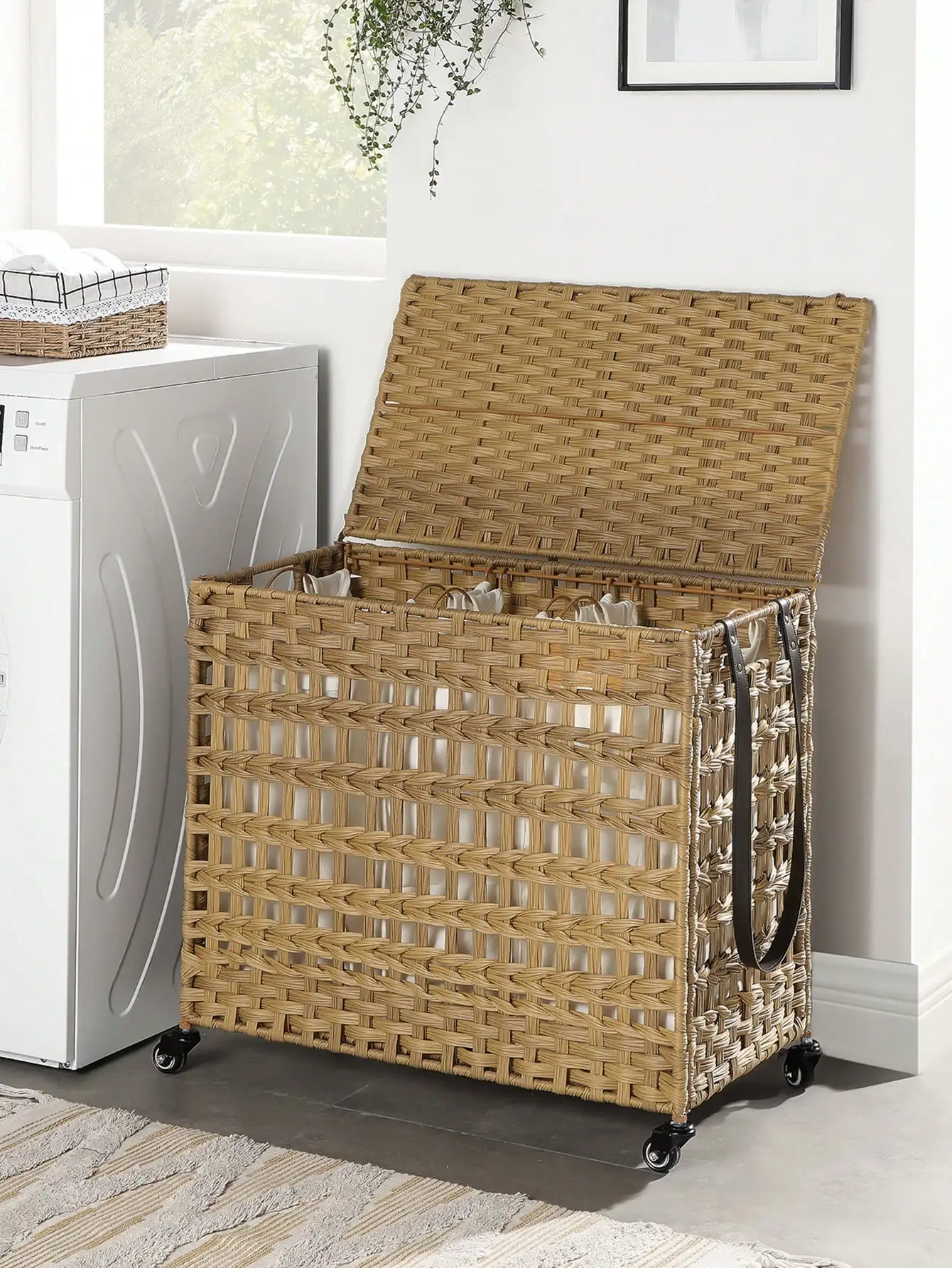 SONGMICS Laundry Hamper With Wheels & 3 Removable Liner Bag, 140L Synthetic Rattan Laundry Basket With Lid, Clothes Hamper Wi