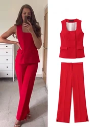 TRAFZA damskie letnie modne garnitury czerwony kwadratowy dekolt kieszenie bez rękawów dwurzędowa kamizelka Top + rozcięcie w połowie talii przezroczyste spodnie