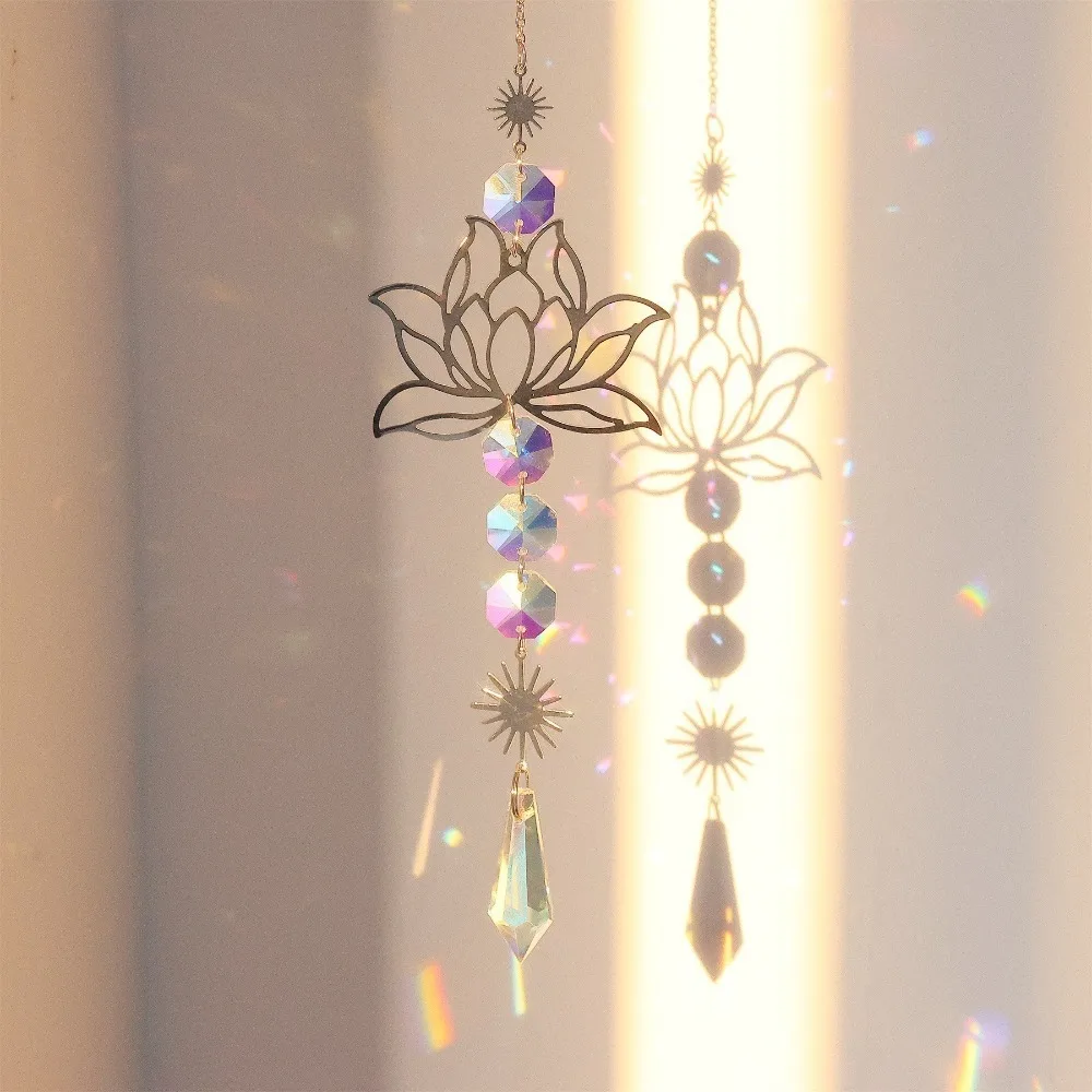Fashion Golden Lotus Suncatcher Colorful Gift Gardening Crafts Home Garden Decor Crystal Decoration Pendant Water Drop Pendant
