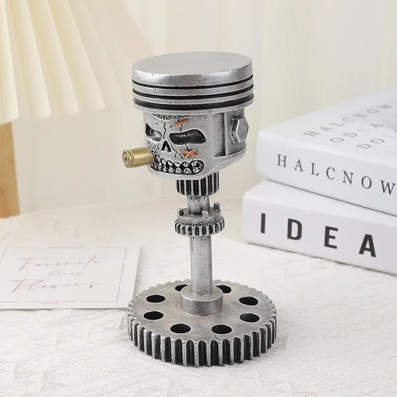 Piston Skull Face Sculpture Resin Gear Ornament Steampunk Decor Unique Art Piece