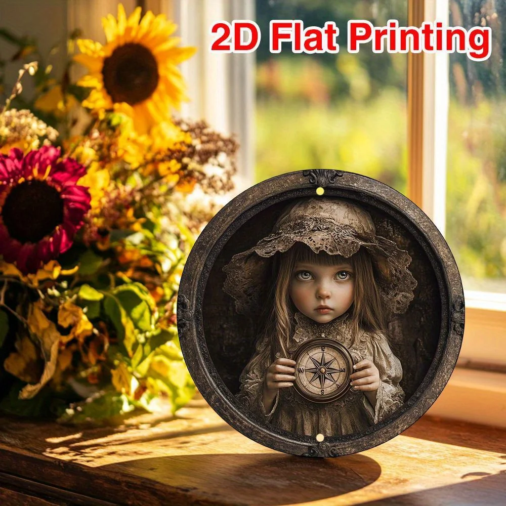 Bohemian Aluminum Wall Art, Young Girl with Compass 8x8 Inch 2D Round Metal Sign for Kitchen Cafe Living Room Office Decor, Moth