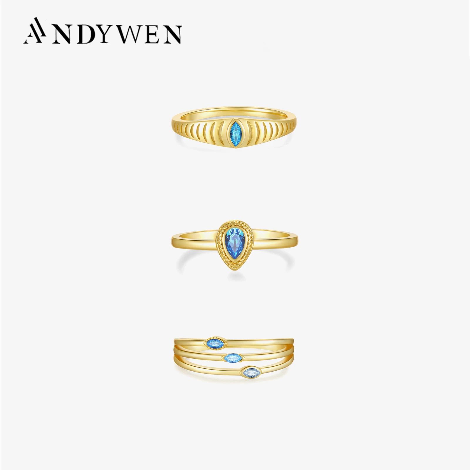 ANDYWEN-925 Sterling Silver Gold Blue Eye Zircão Colar De Pingente, Longo Gargantilha Brinco, Piercing Gota Conjunto De Jóias Anel, CZ