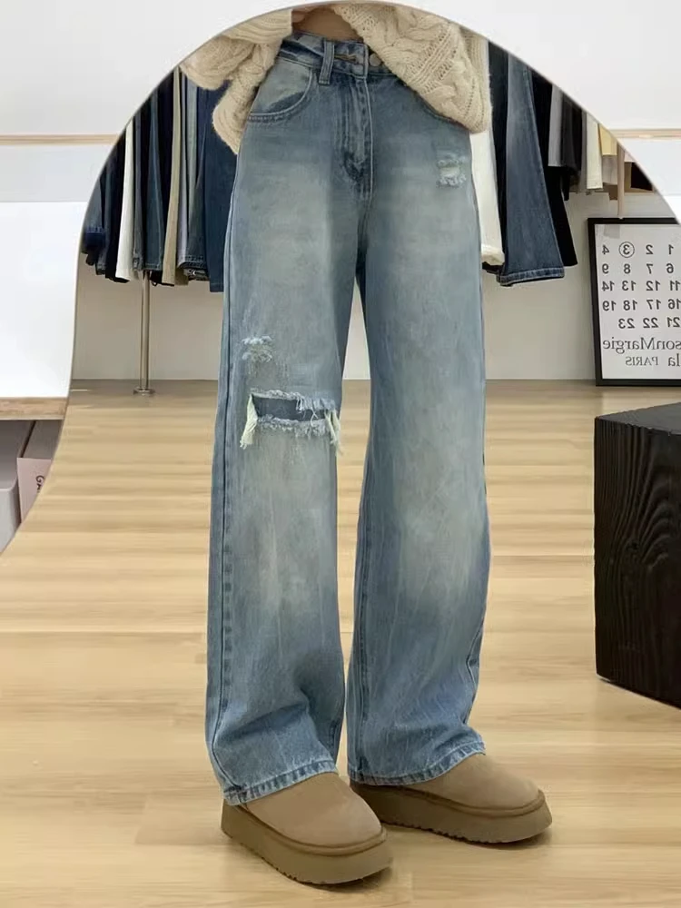 

Light Blue Ripped Straight Leg Jeans Women's Spring Summer plus Size Loose High Waist Slimming Wide Leg Pants for Pear Shaped...