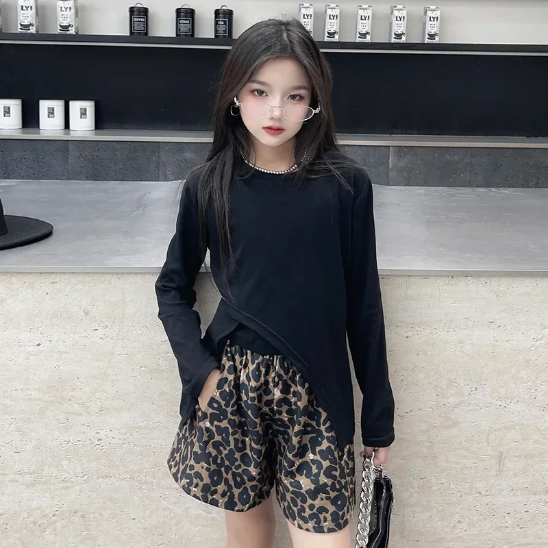 Summer autumn Korean teen Girls Sunscreen clothes set Irregular t shirt+vest+Leopard print shorts 3pcs junior kids suit outfits