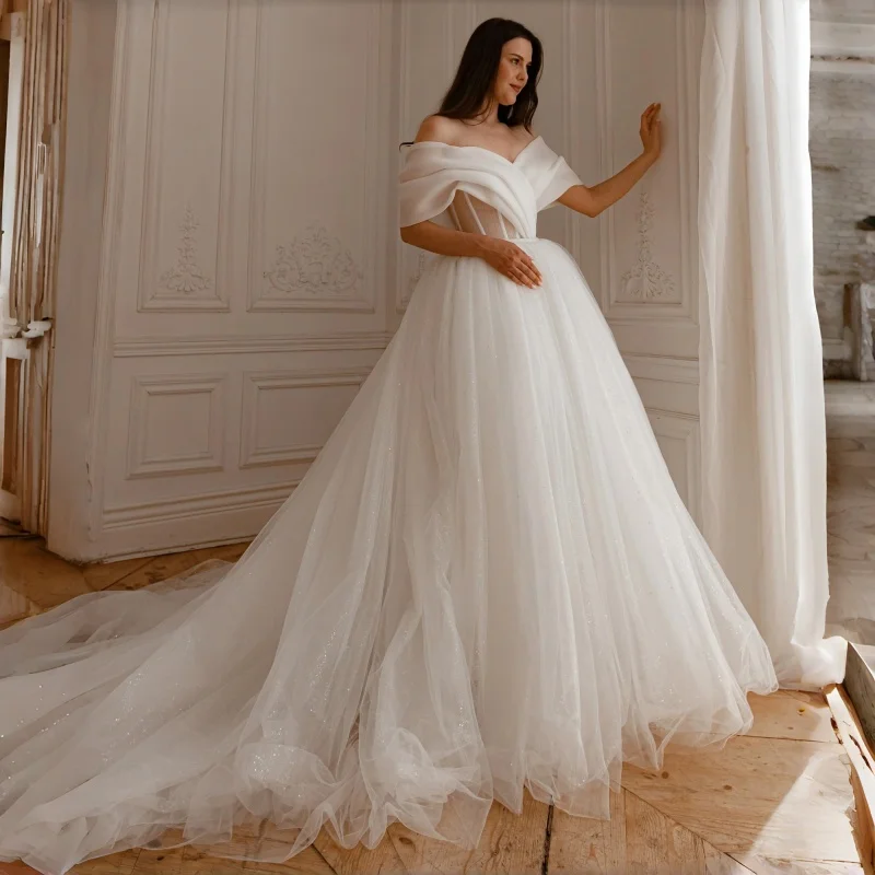 

Romantic Organza Off The ShoulderFold Sleeves Wedding Dress Glitter Tulle Ball Gown With Cathedral Train Bridal Gown Customiz