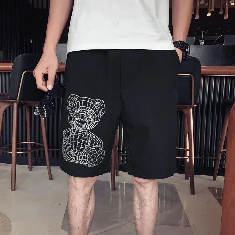 

Men's Fashion Shorts with Hotfix Rhinestones Bear Pattern Straight Cut for Casual Sports Summer Style