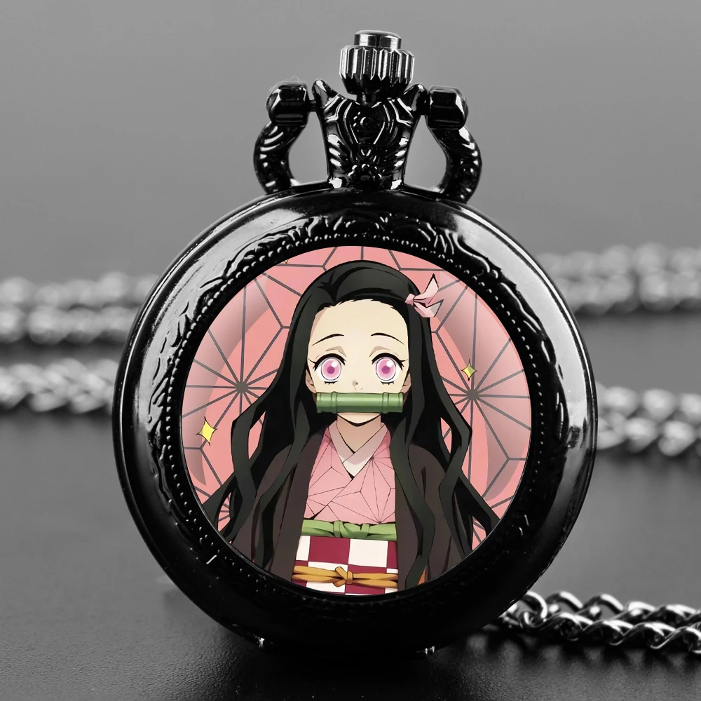 Anime Kamado Nezuko Design Glass Dome Arabic Numerals Quartz Pocket Watch Necklace Pendant Clock Chain Mens Women Kids Gifts