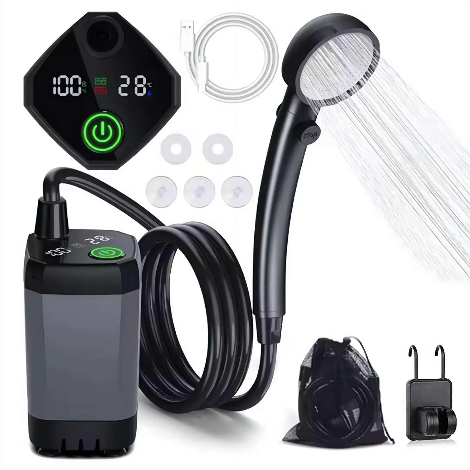 

Portable Shower for Camping,6000mAh Rechargeable Camping Shower with Intelligent LED Temperature Display,4 Spray Modes,Outdoor