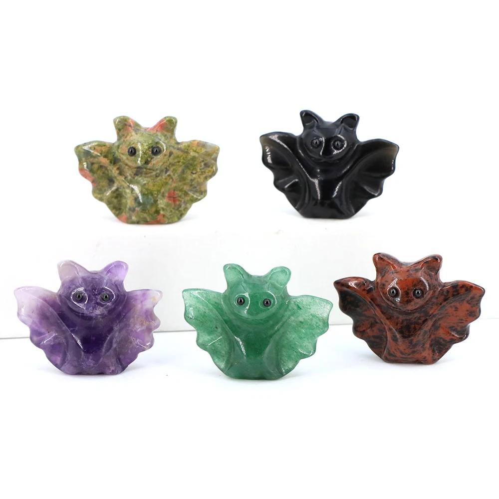 1.5in Mini Crystal Bat Statue Natural Stone Carving Animals Figurine for Home Decoration Jewelry Accessory Crafts Halloween Gift