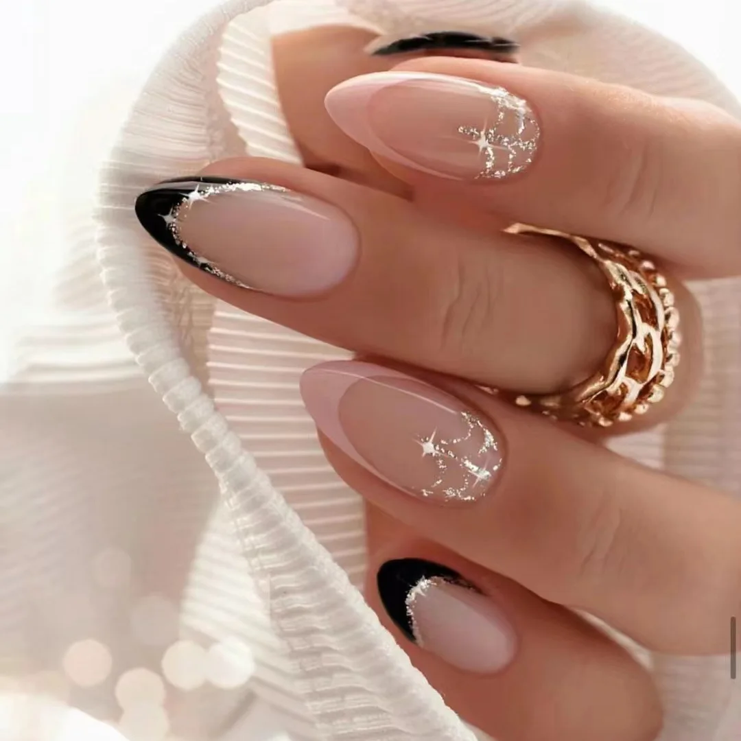 

24Pcs Mid-length Almond Full Cover Nails Tips with Black French Shiny Powder Line Design Fake Nail Reusable Press on False Nails