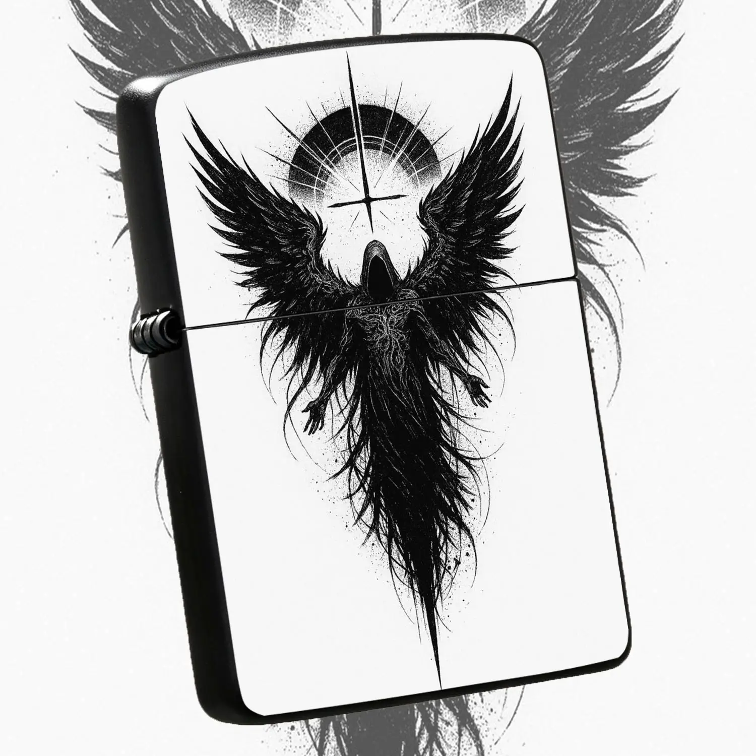 Dark Fallen Angel Art Pattern Lighter, Moody Stylish Portable Accessory, Practical Daily Carry Item, Unique Creative Gift For Friends And Hobbyists, Versatile Scene Matching Exquisite Ritual Small Gadget For Outdoor Travel Home Use A Humoro
