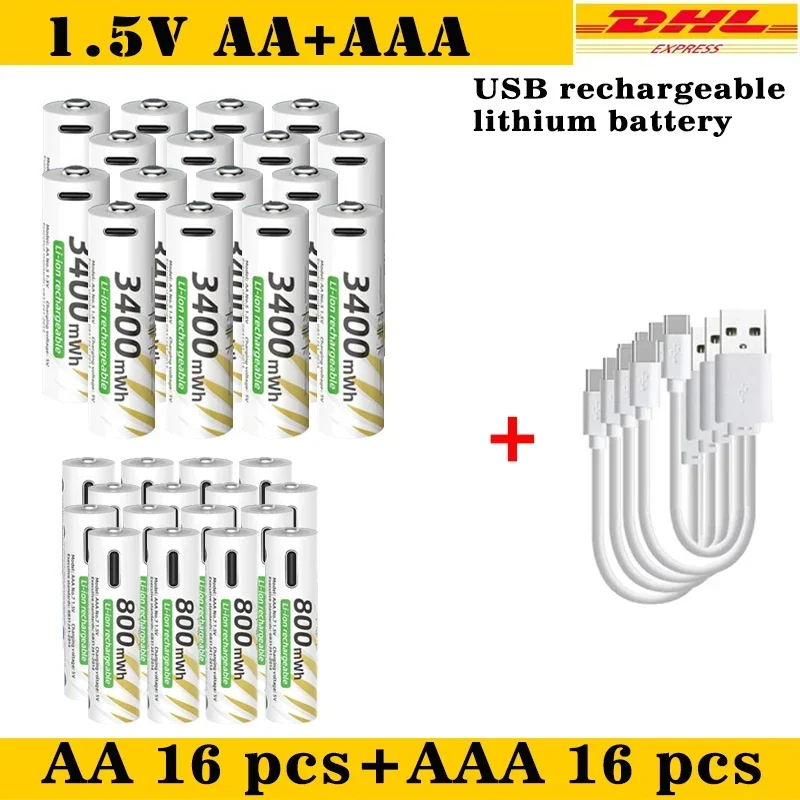 

Li-ion AA and AAA Rechargeable Batteries USB Lithium-ion 3400mWh 1.5V AA Rechargeable Battery+800mWh 1.5V AAA Battery