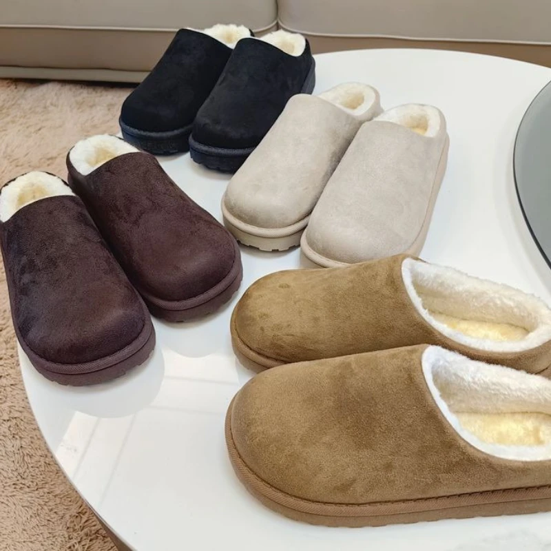 Women's Winter Flannel Retro Plush Lined Warm Cotton Slippers 2026 New Thick-soled Non-slip Comfortable Toe-cap Half Slippers