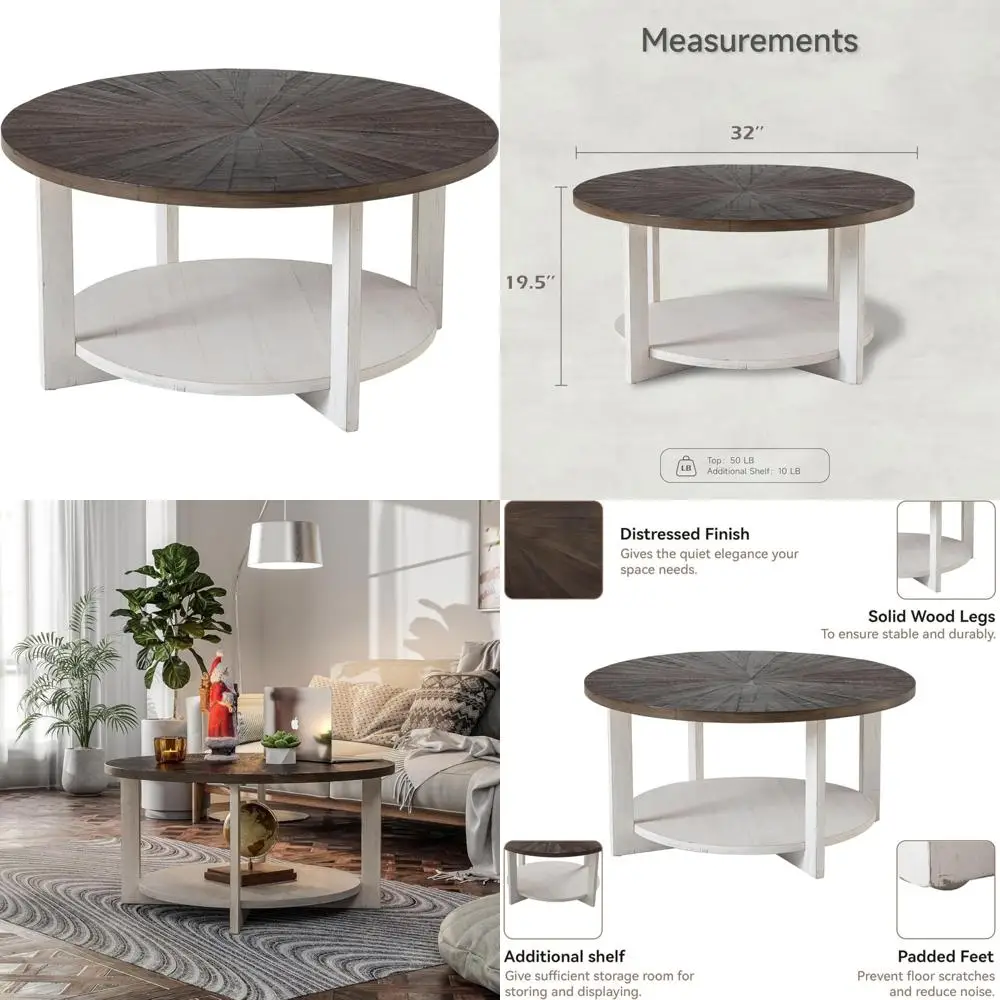 Rustic Farmhouse-Style Large Circle Coffee Table with Storage and Distressed Wood Surface