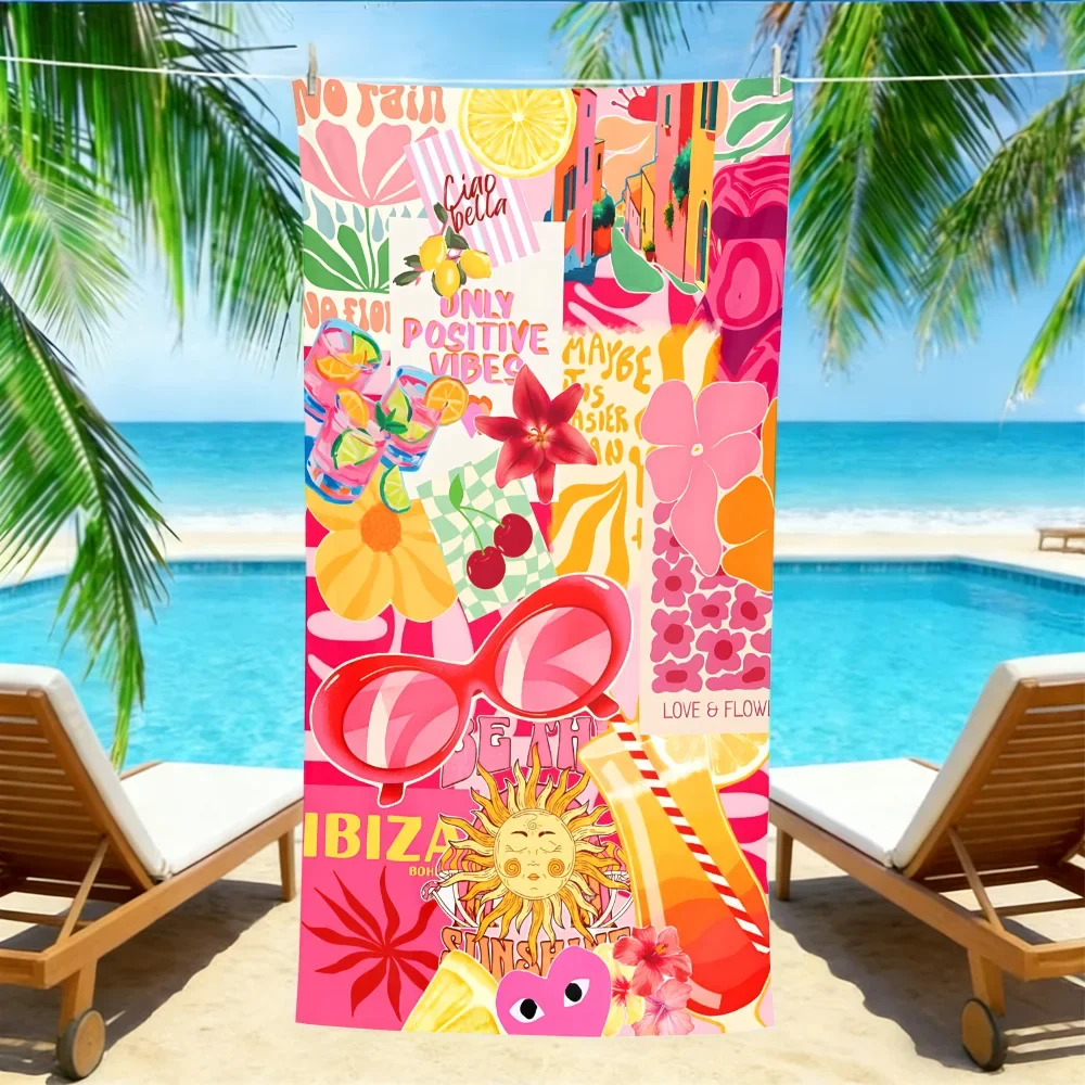 Ibiza Summer Vibes Beach Towel – Absorbent Sand Resistant with Pink & Orange Print for Summer Getaways