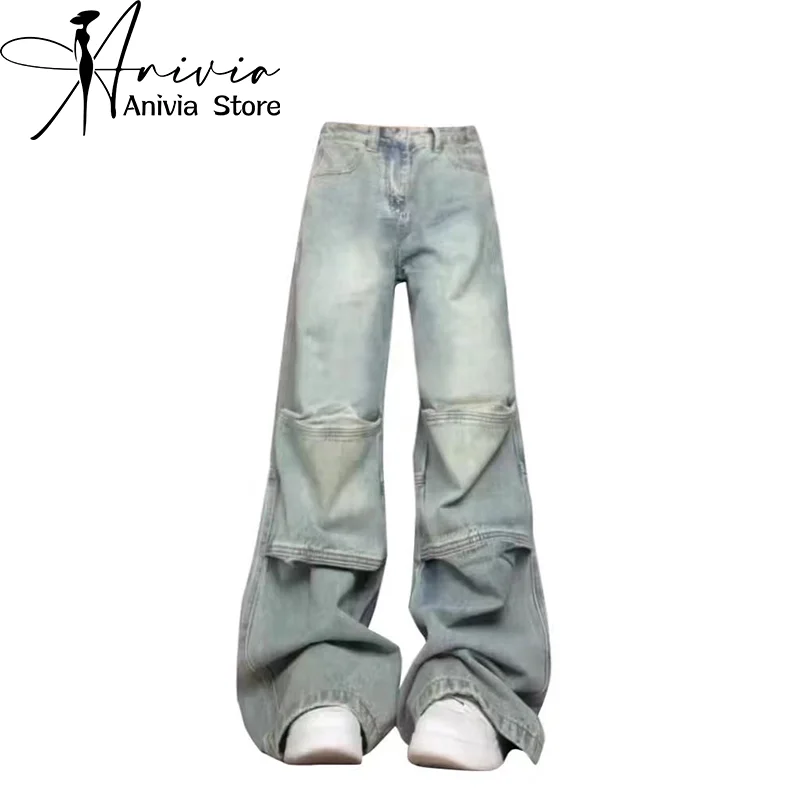 

Women's Blue Oversize Jeans Harajuku Aesthetic Streetwear Y2k Denim Trousers 2000s Baggy Wide Jean Pants Vintage Trashy Clothes