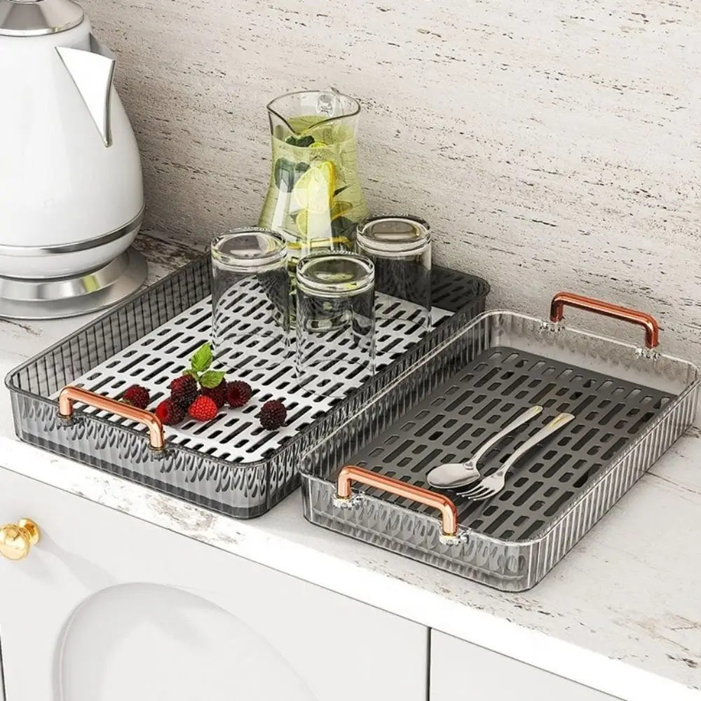 

Portable Double-layer Drain Tea Tray Clear Large Capacity Tableware Storage Tray with Handle Rectangle Cutlery Holder Kitchen