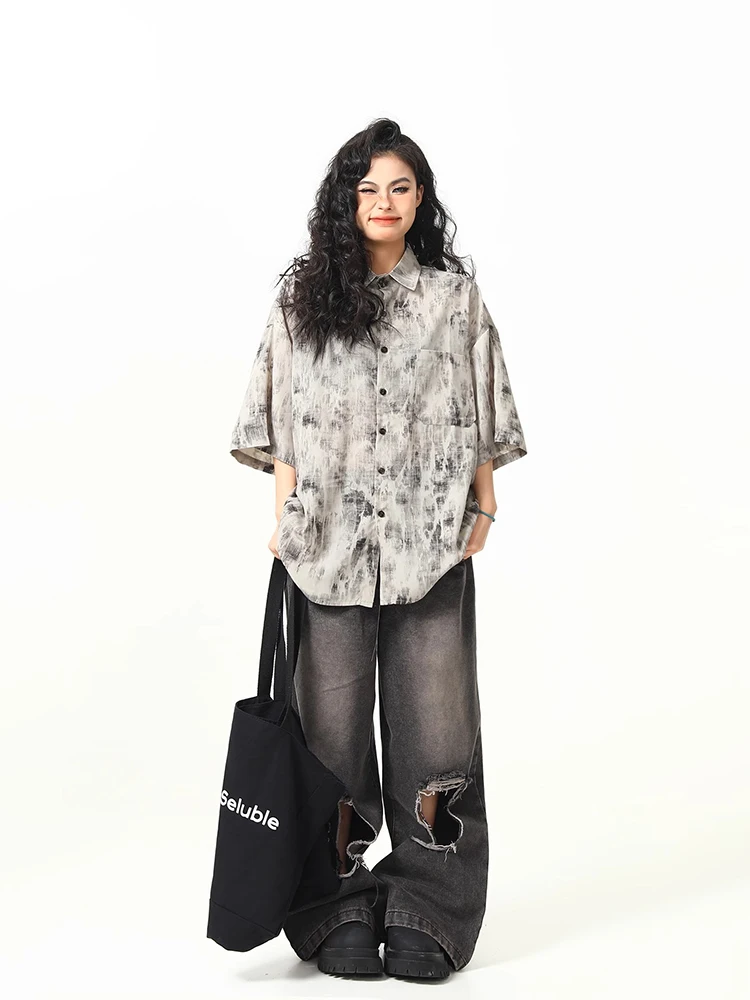 Splash Ink Tie-Dye camisa de manga larga diseño Sense Niche solapa camisas casuales de un solo pecho moda Vintage blusas de mujer