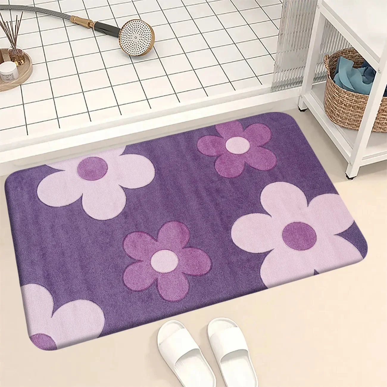 Purple Flower Print Flannel Rug Non-Slip Absorbent Soft Bath Mat for Bathroom Entryway Kids Room Home Decoration 50x80cm
