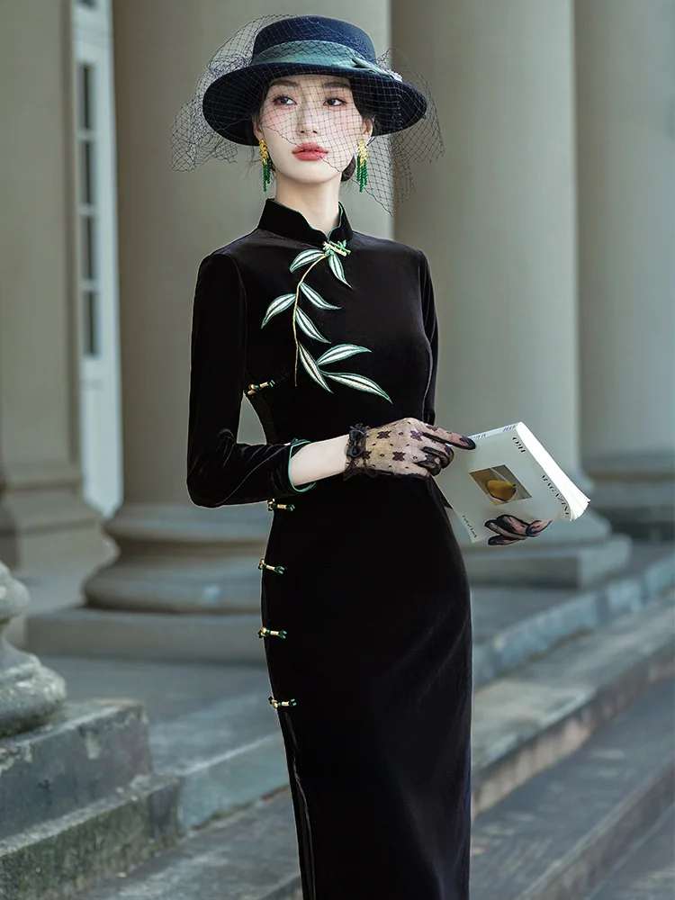 

Bla Velvet Young Sle Long Sve Slimming Traditional Chinese New Design Daily Wear Beautiful Vintage Flared