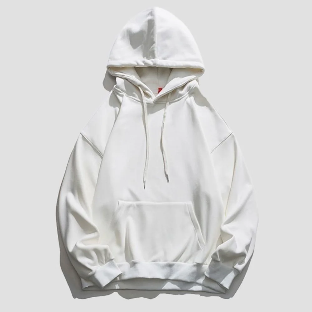 Casual Wear Daily Commute White Men Hoodie Daily Wear Men Hoodies Pocket Pullover Solid Color Long Sleeve Loose Fit