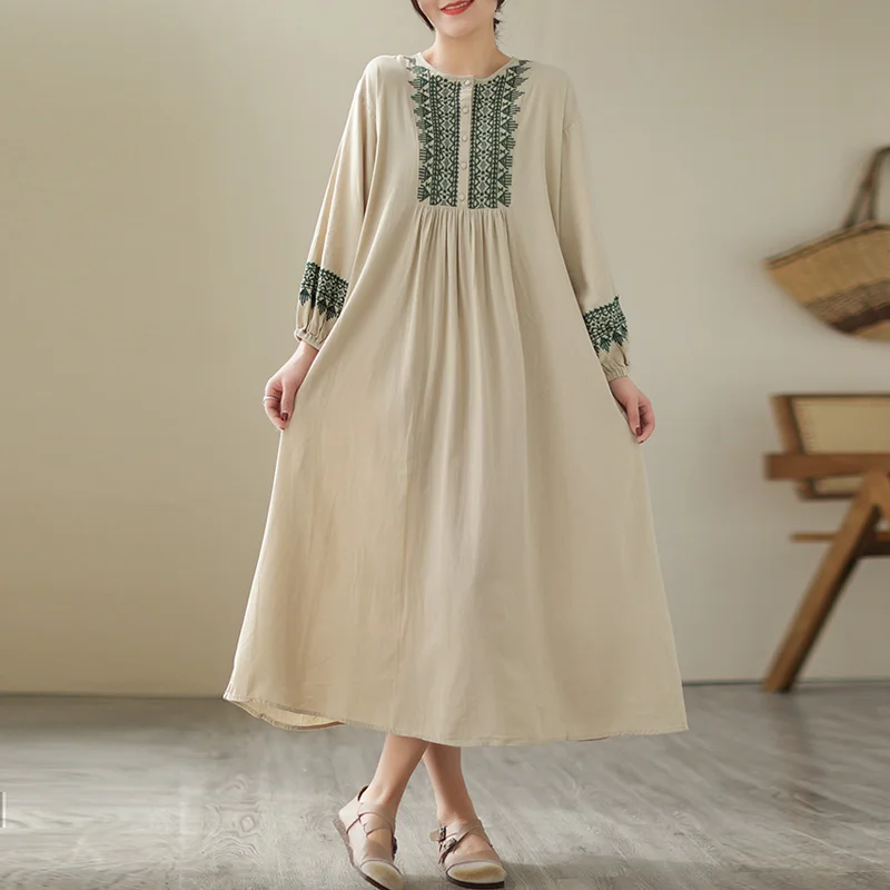 plus Size Slimming Dr Ethnic Sle Loose Lantern Sve Heavy Embroidery Cotton Linen Skirt A-Line Midi Dr Spring