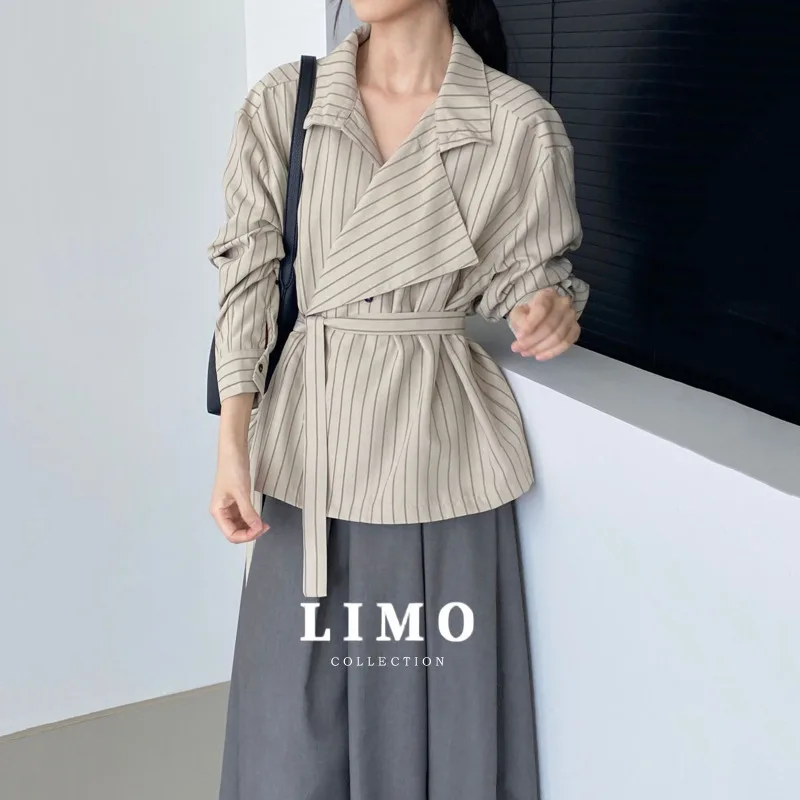

LIMO 2025 New Autumn Winter Stylish Striped Shirt Jacket with Belted Waist Polyester for Daily Office Wear Fashion Outerwear