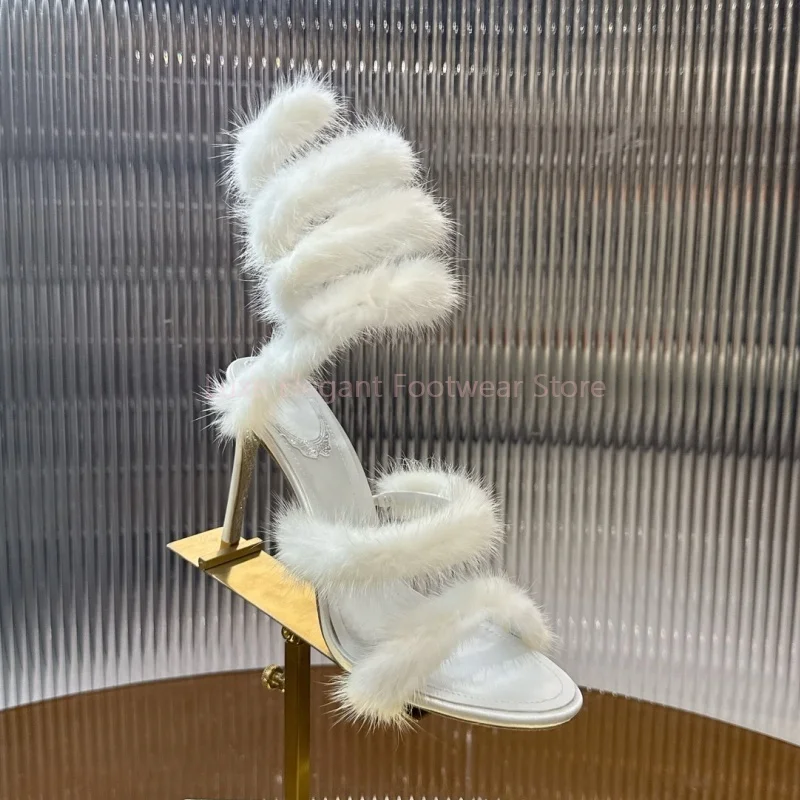 

White Fur Snake Twine Open Toe Stiletto Sandals Women Narrow Band Solid Slingback High Heels Fashion Luxury Party Banquet Shoes