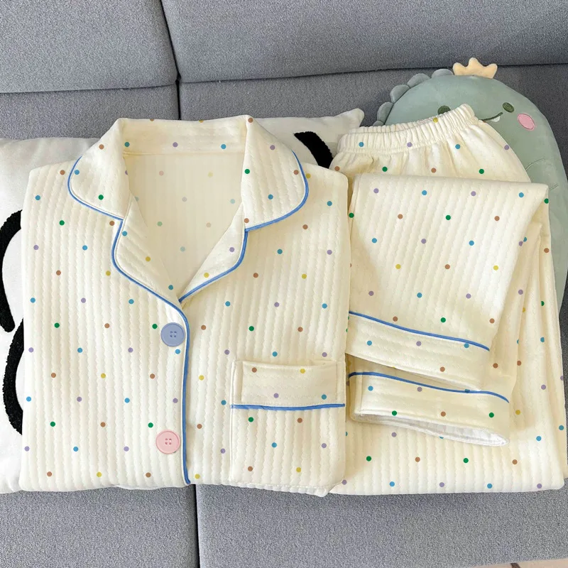 Fall and Winter Minimalist Style Colorful Polka Dot Sleepwear Women's Winter Style Air Cotton Long Sleeved Home Suit Pajamas