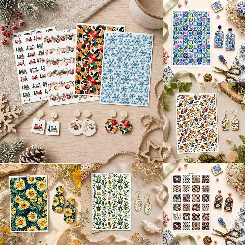 Christmas Theme Flower Polymer Clay Transfer Paper Water Soluble Disposable Stickers Printing Paper Earrings Jewelry Making