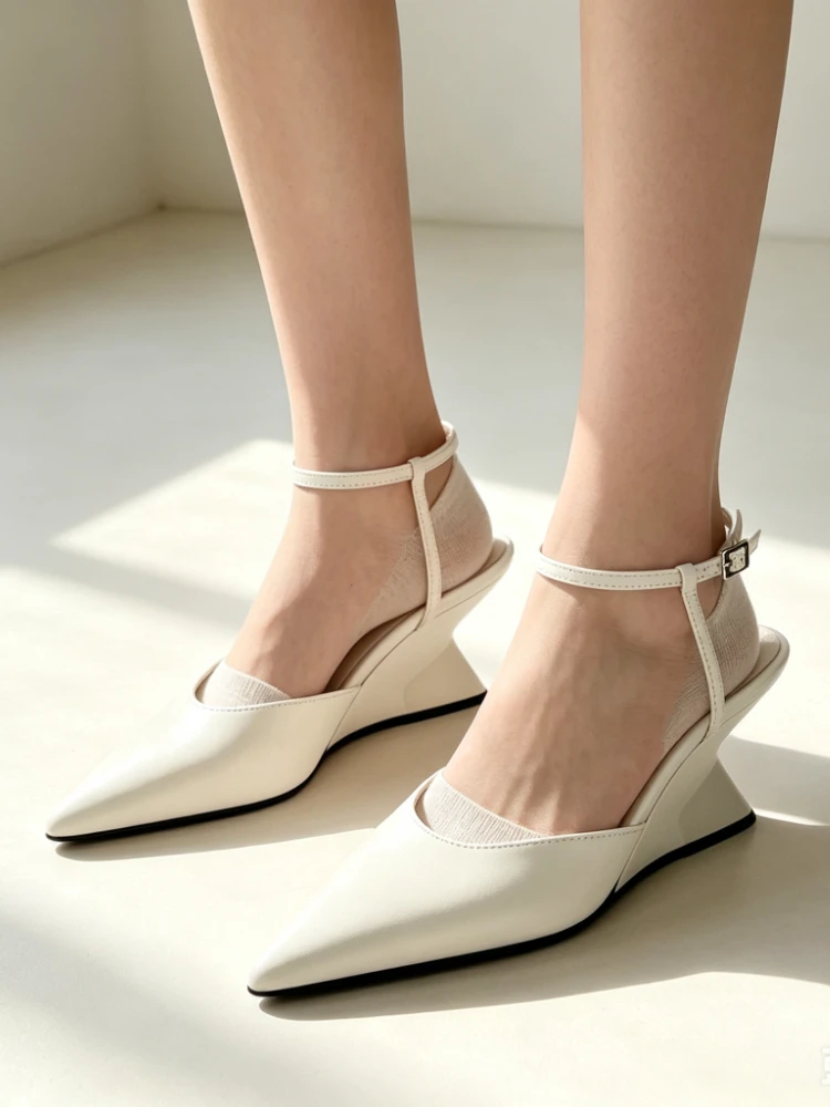 Luxury Brand Women's Pointed Toe Wedge Sandals Summer New Shallow One-word Buckle Designer Shoes Fashion Slingback Mules Shoes view 5