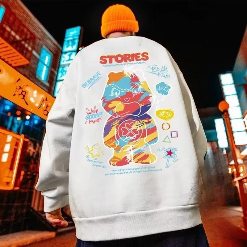 M-8XL Men Oversized Sweatshirt Fashion Loose American Style Trendy Color Graffiti Bear Print Long Sleeve Couple Clothes