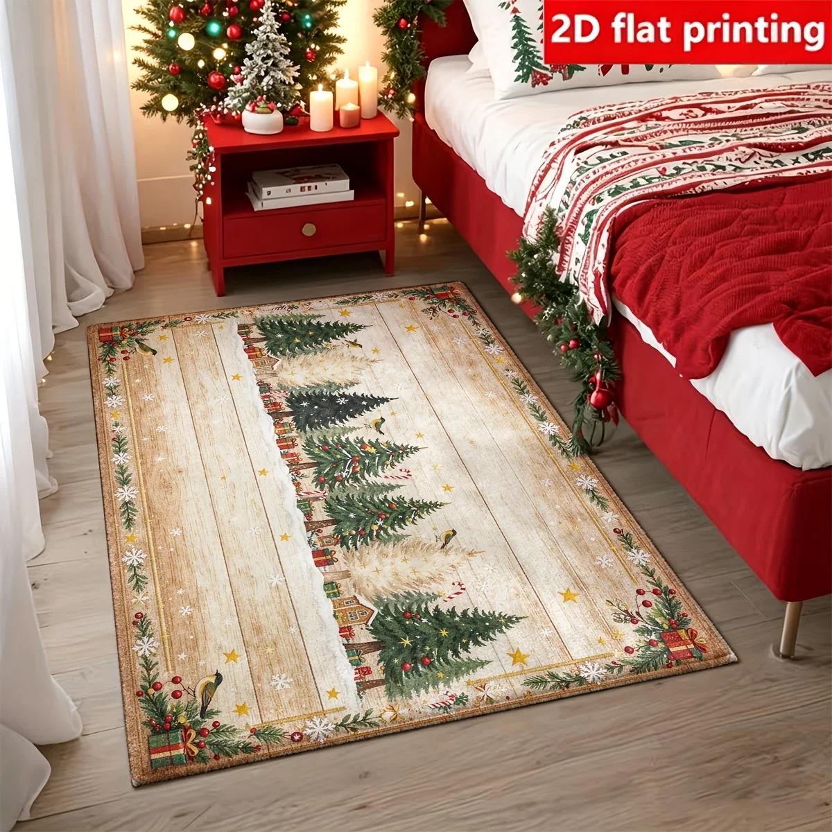 1pc 2D Flat Vintage Wooden Board Christmas Tree Bird Gift Berry Printed Floor Mat, Decorative Rug for Living Room, Bedroom, Home