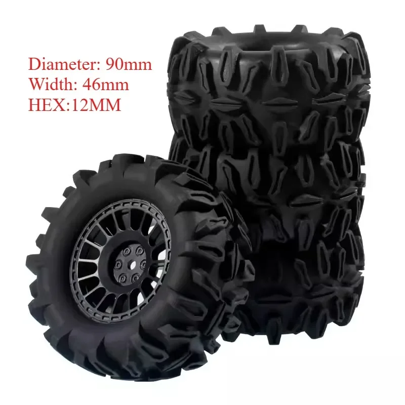 

4PCS 90mm RC Monster Truck Tires Wheels 12mm Hex for Trxs E-Revo MJX 16207 16208 1/16 HBX Upgrade Parts Off-Road Buggy